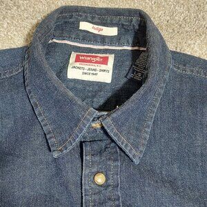 Wrangler Mens Denim Shirt Snap Front Brown Pearl Snap Western Indigo Soft Large
